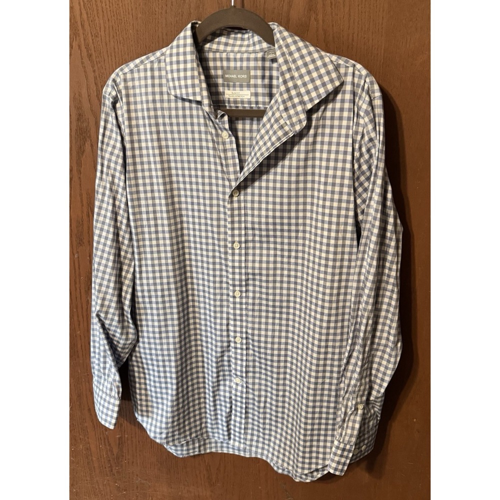 Michael Kors Blue Gray Button Down LS Shirt Travel Stretch Slim Fit Sz L  TubGB4